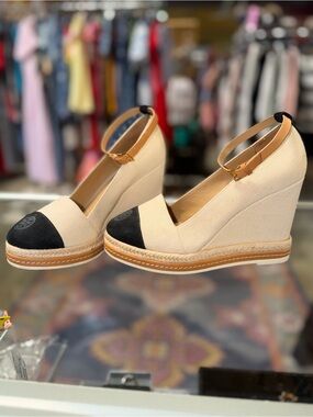Tory Burch (AUTHENTIC) Canvas Espadrille Wedge Ankle-Strap Pumps in Cream/Black